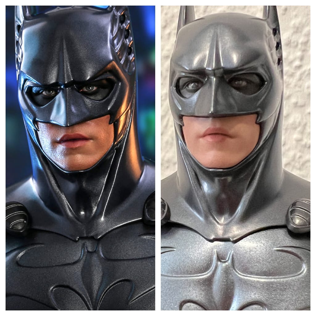 Batman (Sonar Suit) Vergleichsbild. Auf der linken Seite das offizielle Foto des Protoypten von Hot Toys, rechte Seite das tatsächlich ausgelieferte Produkt.